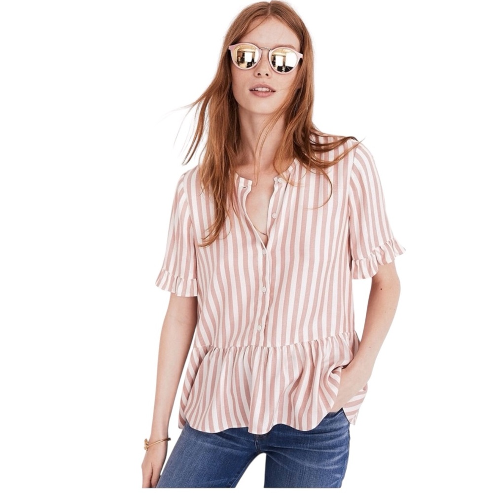 Madewell Studio Ruffle Hem Top Cecelia Stripe White/Red Sz L Like New